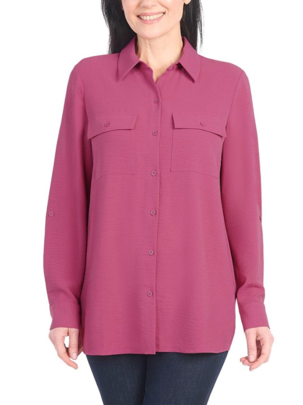 Hilary Radley Womens Dark Pink Button Front Roll Tab Sleeve Blouse S